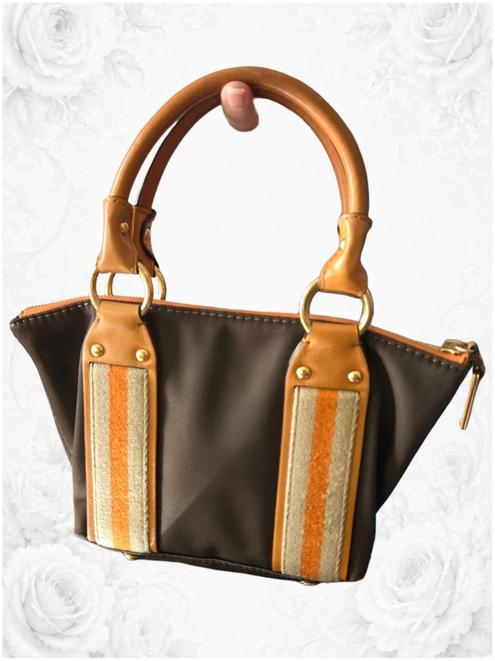 Michael Kors Brown Canvas Small Tote with Tan Leather and Orange Stripe Accents - Picture 2 of 6